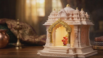 North Indian Temple - Office/Home Table Top Temple with Light and Idol (Golden Kalashas & Gate)