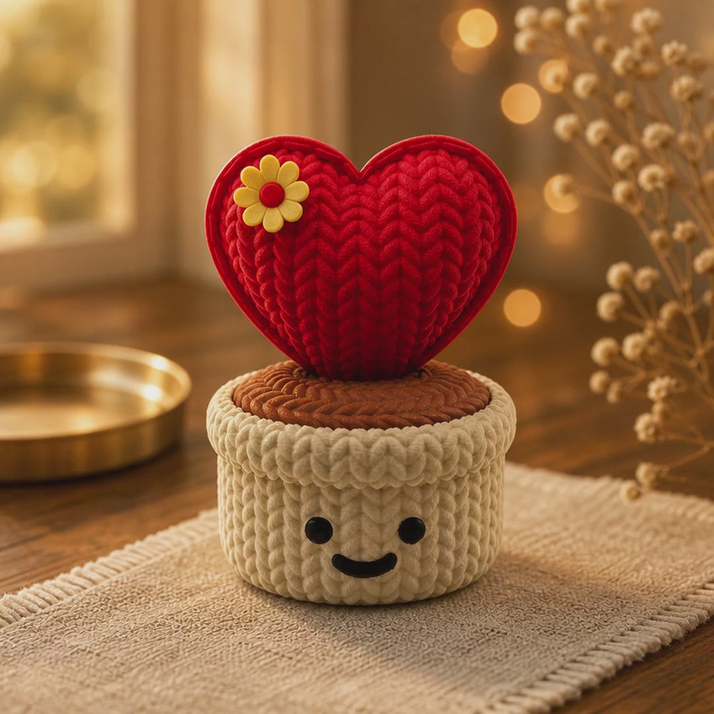 Knitted Love Heart Cactus Smiley Pot (Threaded Design) – Valentine Gift