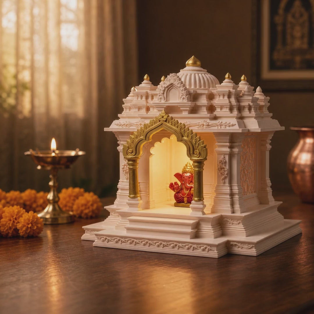 North Indian Temple - Office/Home Table Top Temple with Light and Idol (Golden Kalashas & Gate)