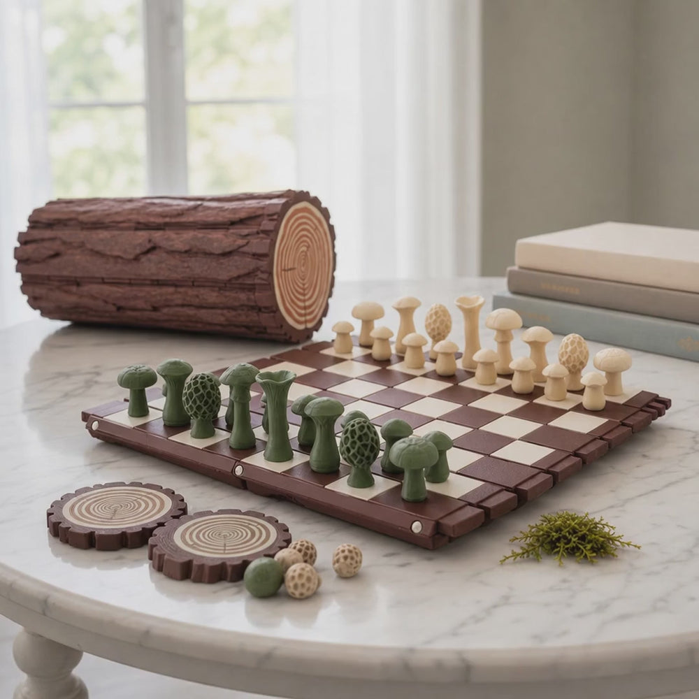 Forest Chess Set - Log and Mushroom Chess Board Set With Checkers