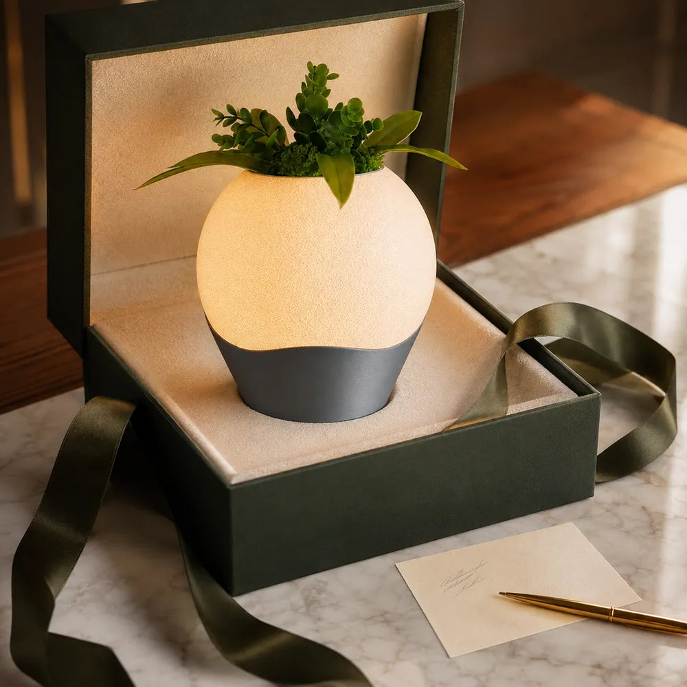 Executive client gift: a 3D-printed Luma desk vase lamp in a green gift box with a note card