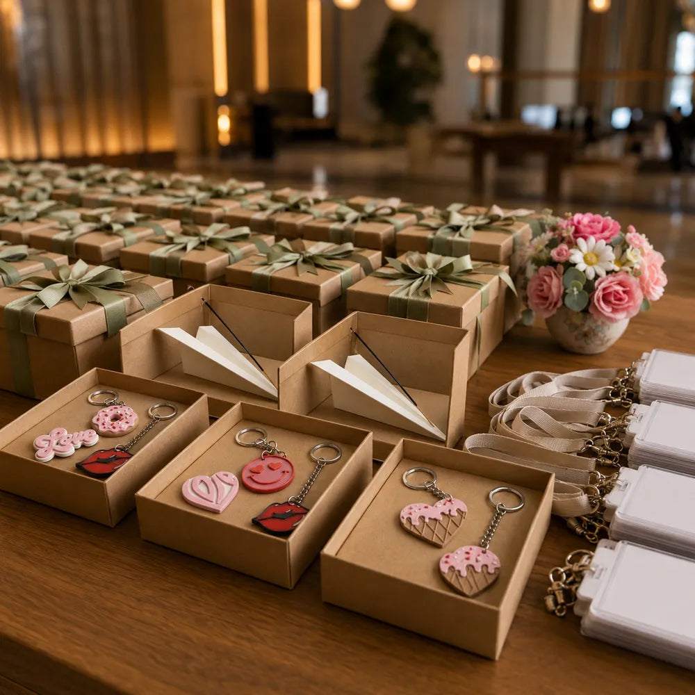 Conference welcome table with rows of kraft boxes holding 3D-printed incense holders and keychains