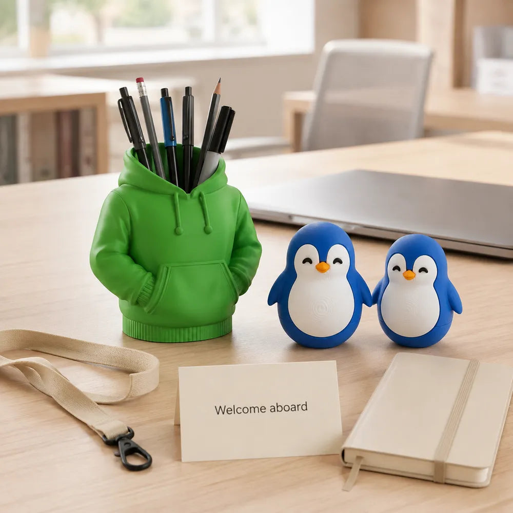 New-hire welcome kit with a 3D-printed hoodie pen pot and wobble penguins on a desk
